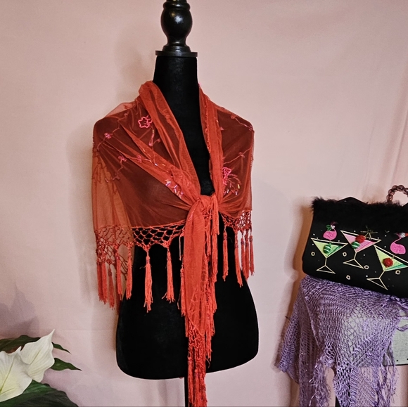 A distinctive Floral Sheer Shawl Showcases Red Beadwork Embroidery. - Picture 3 of 10